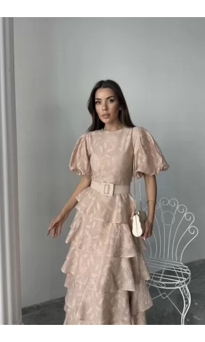 Bej Kat Kat Balon Kollu Kemerli Elbise