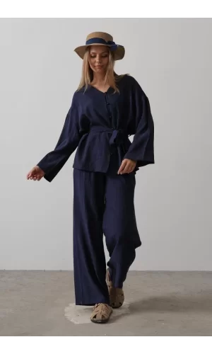 Beli Bağlamalı Tunik Ve Beli Bağlamalı Pantolon Takım - Lacivert