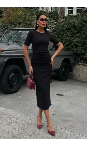 Beli Büzgülü Midi Elbise 2853