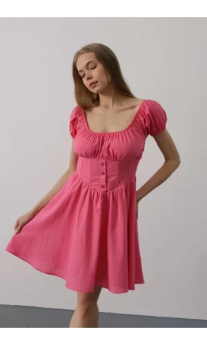 Beli Korseli Mini Elbise - Fuşya
