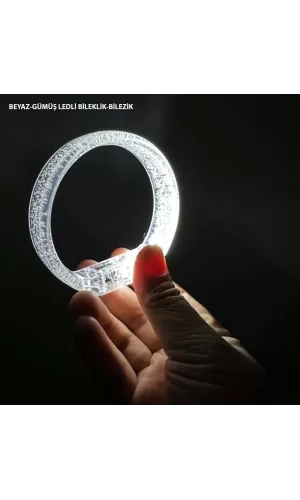 Beyaz-gümüş Led Işıklı Baskı Yapılabilen Pilli Bileklik Bilezik 1,5 Cm Genişlik