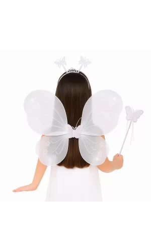 Beyaz Kelebek Kız Seti – 50 Cm Kelebek Kanadı, Taç Ve Asa