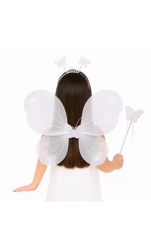 Beyaz Kelebek Kız Seti – 50 Cm Kelebek Kanadı, Taç Ve Asa