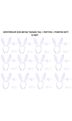 Beyaz Tavşan Kostüm Seti – Taç, Papyon, Kuyruk (12’li Paket)