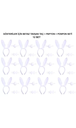 Beyaz Tavşan Kostüm Seti – Taç, Papyon, Kuyruk (12’li Paket)
