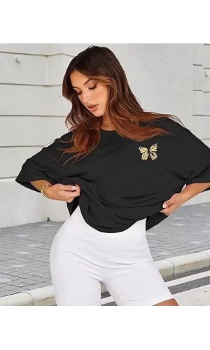 Bisiklet Yaka Baskılı T-shirt - Siyah