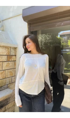 Bisiklet Yaka Uzun Kollu Bluz - Beyaz
