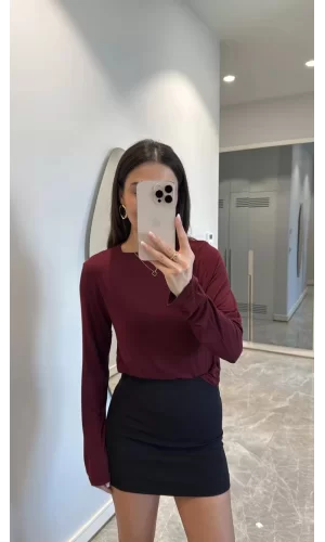 Luz&Pos Bisiklet Yaka Uzun Kollu Crop - Bordo