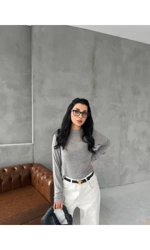 Bisiklet Yaka Uzun Kollu Crop - Gri