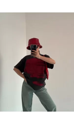 Bisiklet Yaka Yıkamalı Baskılı T-Shirt - Antrasit
