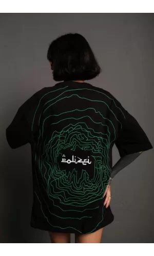 Bisiklet Yakalı Sırt Baskılı Oversize T-Shirt - Siyah
