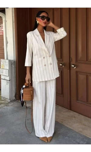 Blazer Ceketli Çizgili Keten Takım 10186