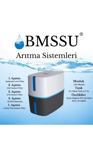 Luz&Pos Bms Su Arıtma 5 Aşamalı 8 Lt Çelik Tanklı Pompasız Multi Mineralli Su Arıtma Cihazı Premium Seri