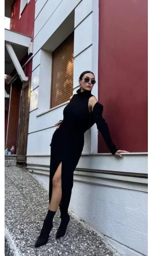 Luz&Pos Bolerolu Boğazlı Uzun Elbise 2 Li Triko Takım - Siyah