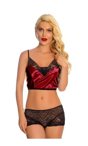 Bordo Saten Dantelli Babydoll Şortlu Takım - 288