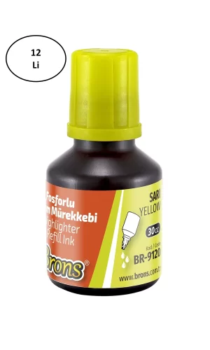 Brons Sarı Fosforlu Kalem Mürekkebi 30 ml Sarı 12li