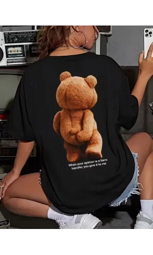 Luz&Pos Büyük Boy Ayıcık Baskılı Bisiklet Yaka T-shirt, İlkbahar & Yaz İçin Rahat Kısa Kollu T-shirt, Kadın Giyim - Siyah