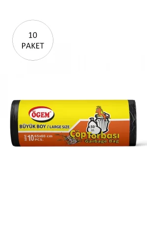 Büyük Boy Çöp Torbası 65 x 80 cm 10 Lu Rulo x 10 Paket = 100 Adet (Siyah)