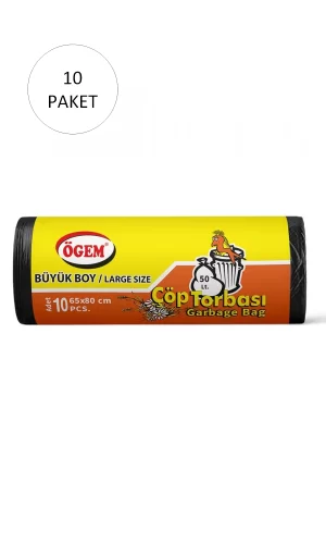 Büyük Boy Çöp Torbası 65 x 80 cm 10 Lu Rulo x 10 Paket = 100 Adet (Siyah)