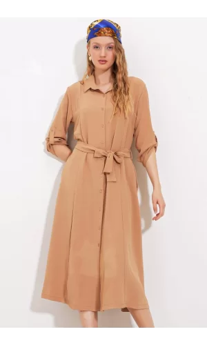 Camel Kuşaklı Gömlek Elbise 2442