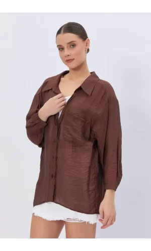 Cepli Oversize Gömlek - Kahve