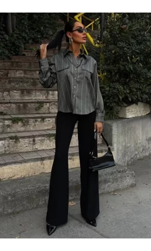 Chanel Saten Premium Çizgili Gömlek 3411