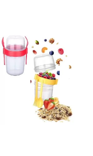 Çift Hazneli - Çatal Kaşıklı Portatif Müsli -atıştırmalık Kabı 500 Ml