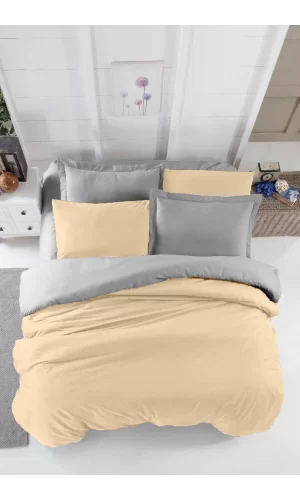 Çift Kişilik Lastikli Çarşaflı Nevresim Takımı Pamuklu Four Season Bej Gri