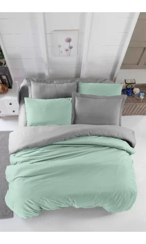 Çift Kişilik Lastikli Çarşaflı Nevresim Takımı Pamuklu Four Season Mint Gri