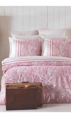 Çift Kişilik Nevresim Takımı Pamuklu Vintage Pembe Paisley
