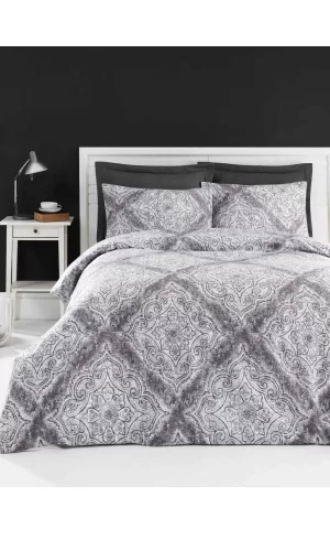 Çift Kişilik Pamuklu Nevresim Takımı Becca Gris Fitted Çarşaflı Lastikli