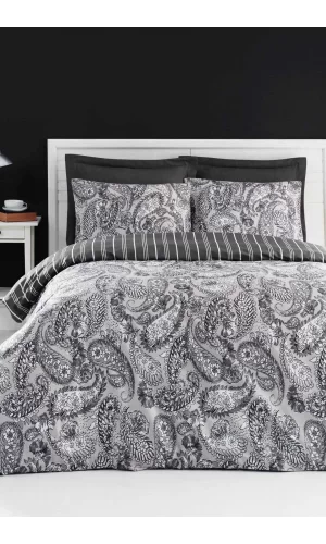 Çift Kişilik Pamuklu Nevresim Takımı Carol Gris Fitted Çarşaflı Lastikli