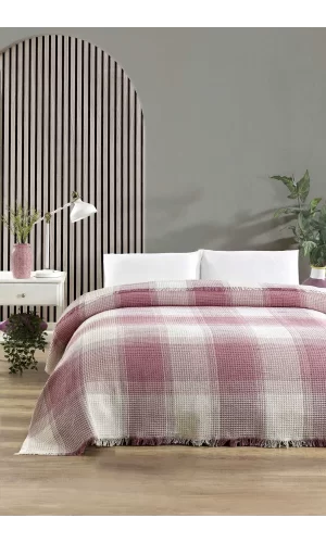 Çift Kişilik Yatak Pikesi Ekose Pudra 200 x 230 Cm