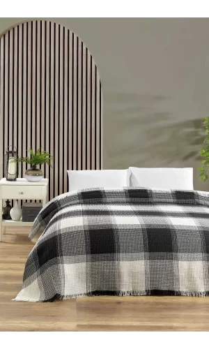 Çift Kişilik Yatak Pikesi Ekose Siyah 200 x 230 Cm