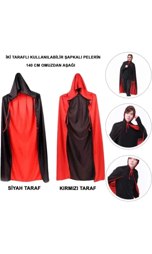 Çift Taraflı Kullanılabilir Siyah Kırmızı Kapişonlu Pelerin 140 Cm Yetişkin