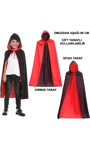 Çift Taraflı Kullanılabilir Siyah Kırmızı Yakalı Pelerin 90 Cm Çocuk