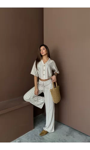 ÇİZGİLİ CROP GÖMLEK - SALAŞ PANTOLON TAKIM MODAL - Bej