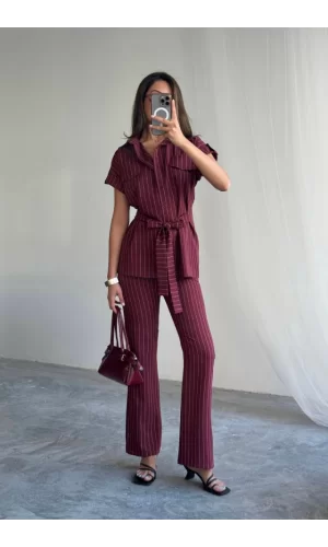 ÇİZGİLİ POLYVİSKON BLUZ - PANTOLON TAKIM - Bordo