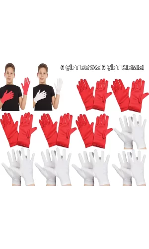 Çocuk Gösteri Eldiven Seti – 5 Çift Beyaz  5 Çift Kırmızı