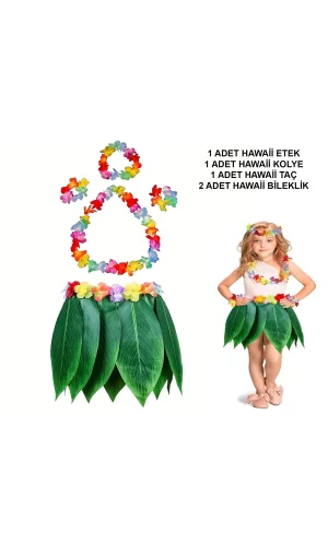 Çocuk Hawaii Kostüm Seti - Yaprak Etek  Hawaii Set - 5 Parça