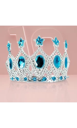 Çocuk Kraliçe Tacı - Mavi Yıldız İşlemeli Prenses Tacı 15x7 Cm