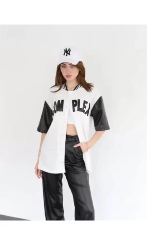 Complex Kolları Deri Kolej Oversize T-shirt - Beyaz