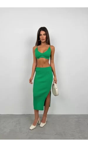 Crop Büstiyer Yırtmaçlı Etek Takım