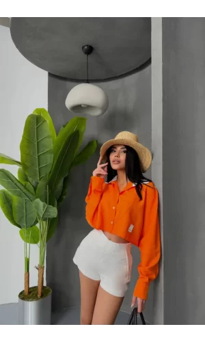 CROP GÖMLEK BEYAZ YAKA VE ETİKET DETAYLI - Orange