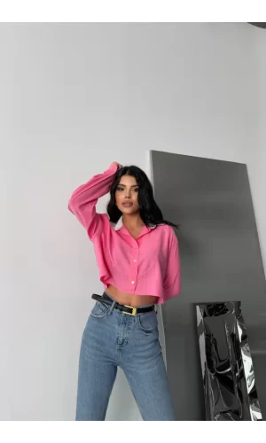 CROP GÖMLEK BEYAZ YAKA VE ETİKET DETAYLI - Pembe