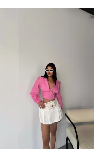 CROP POPLİN GÖMLEK YAKA KENAR DANTEL DETAYLI - Pembe