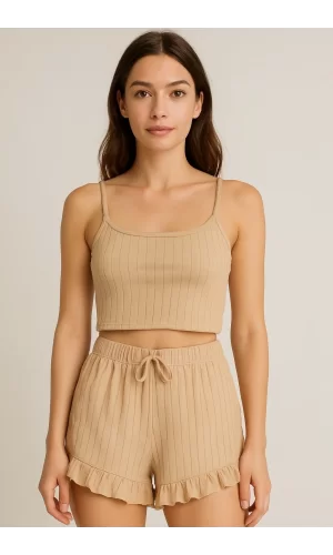 Crop Takım - Askılı Crop Takım Likralı Bej (s)