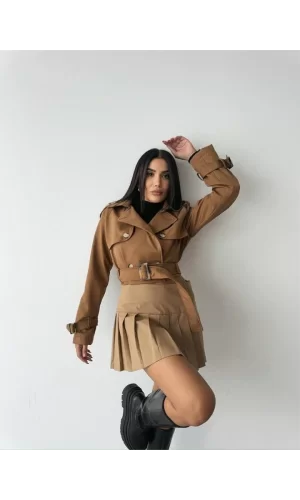 CROP TRENCH KEMER DETAYLI - Kahverengi