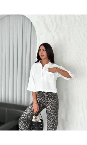 Crop Yakalı Gömlek Üç Çeyrek Sleeve Kol - Beyaz
