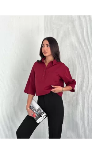 Crop Yakalı Gömlek Üç Çeyrek Sleeve Kol - Bordo